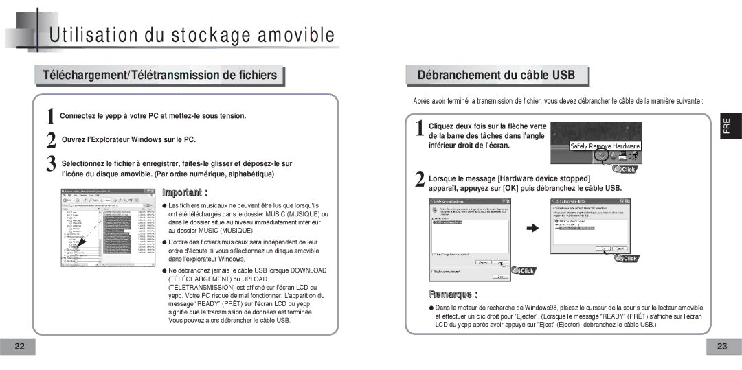 Samsung YP60V1/ELS manual Utilisation du stockage amovible, Téléchargement/Télétransmission de fichiers 