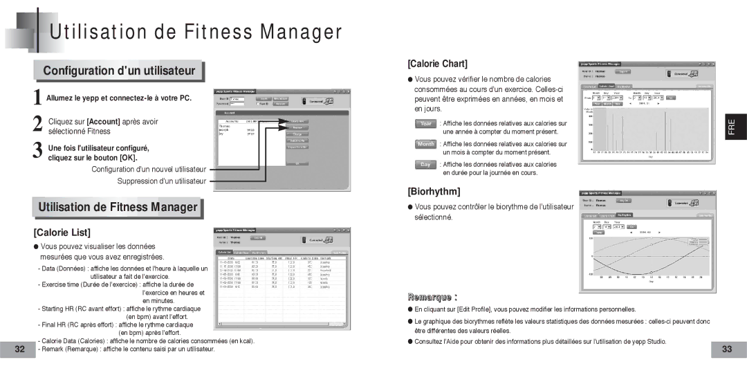 Samsung YP60V1/ELS manual Utilisation de Fitness Manager, Configuration dun utilisateur 