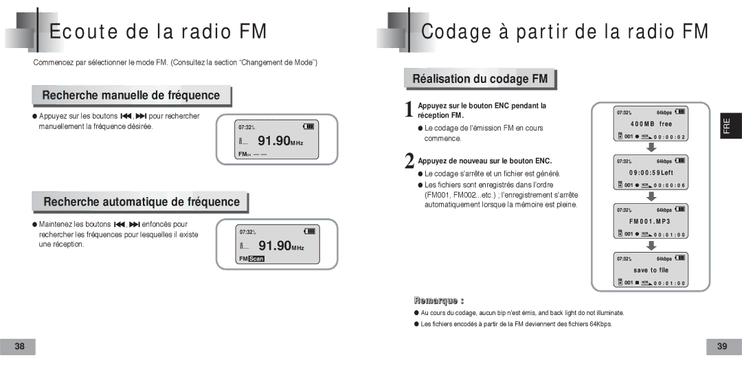 Samsung YP60V1/ELS manual Ecoute de la radio FM, Recherche manuelle de fréquence, Recherche automatique de fréquence 