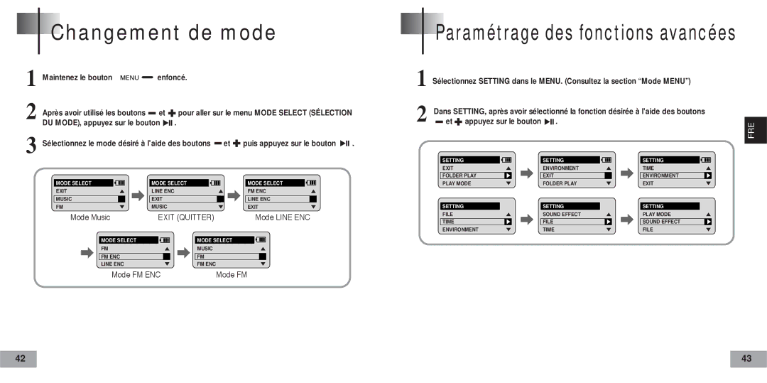 Samsung YP60V1/ELS manual Changement de mode, Paramétrage des fonctions avancées 