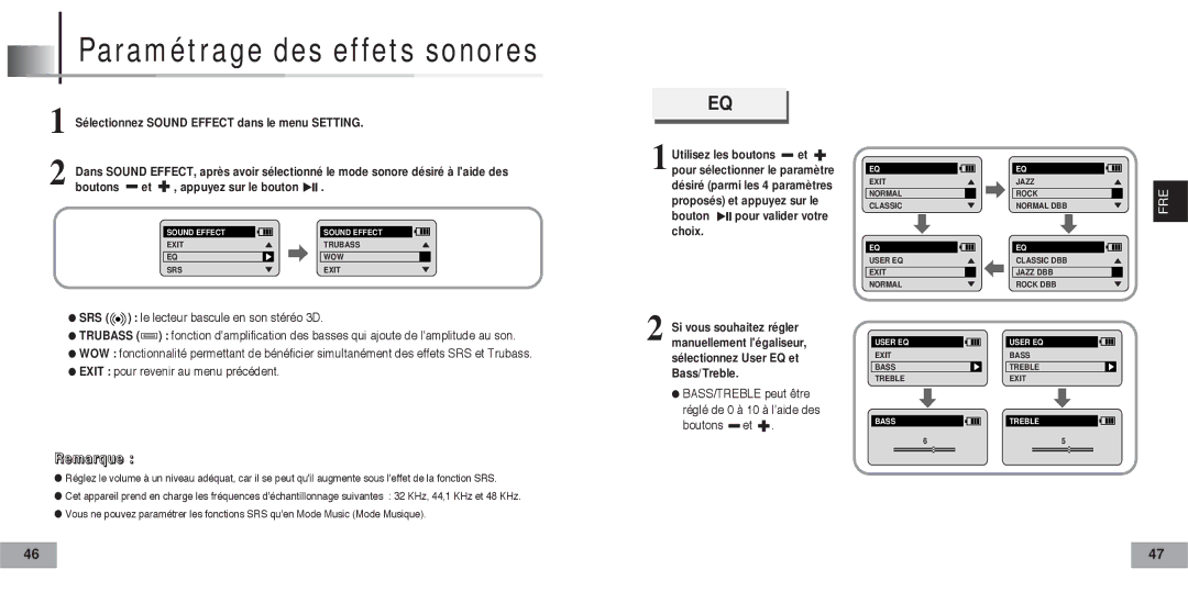 Samsung YP60V1/ELS manual Paramétrage des effets sonores, Boutons Appuyez sur le bouton 