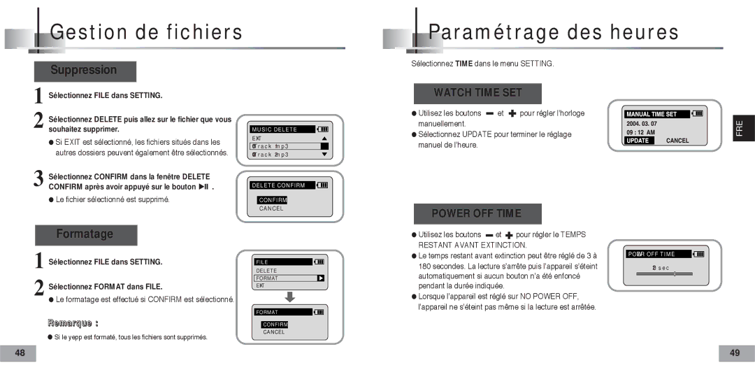 Samsung YP60V1/ELS manual Gestion de fichiers Paramétrage des heures, Suppression, Formatage 