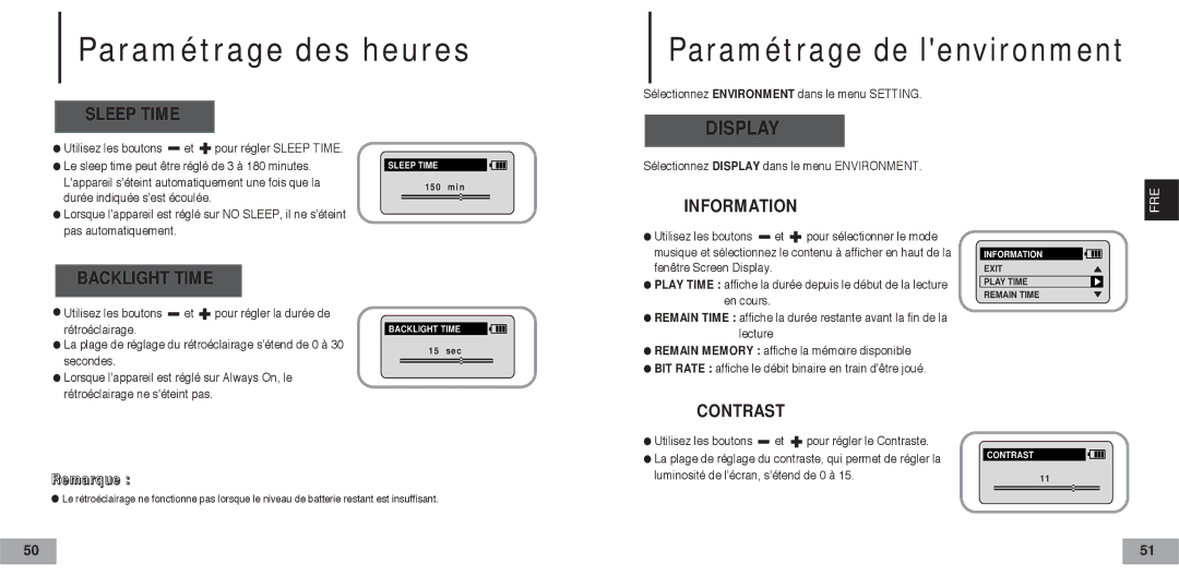 Samsung YP60V1/ELS manual Sélectionnez Environment dans le menu Setting, Le sleep time peut être réglé de 3 à 180 minutes 