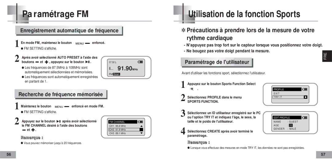 Samsung YP60V1/ELS manual Paramétrage FM, Enregistrement automatique de fréquence, Paramétrage de lutilisateur 