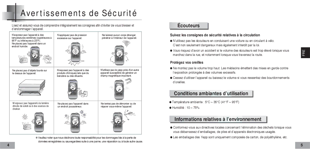 Samsung YP60V1/ELS manual Avertissements de Sécurité, Écouteurs, Conditions ambiantes d’utilisation 