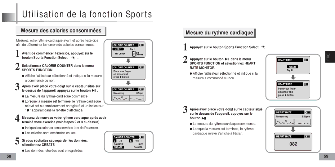 Samsung YP60V1/ELS manual Utilisation de la fonction Sports, Mesure des calories consommées, Mesure du rythme cardiaque 