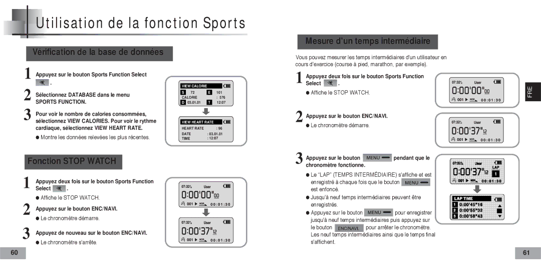 Samsung YP60V1/ELS manual Vérification de la base de données, Mesure dun temps intermédiaire, Fonction Stop Watch 