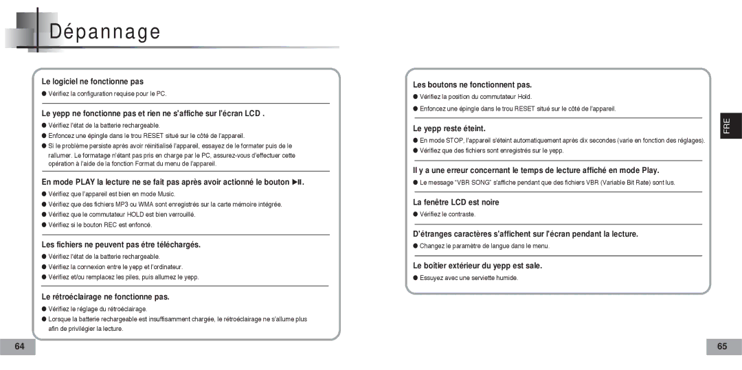 Samsung YP60V1/ELS manual Dépannage, Les fichiers ne peuvent pas étre téléchargés 