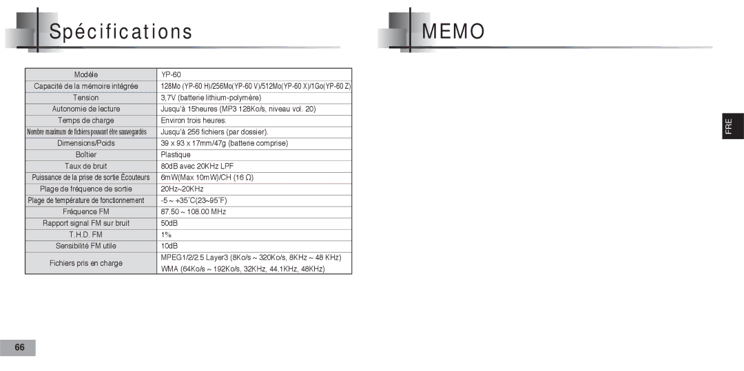 Samsung YP60V1/ELS manual Spécifications 