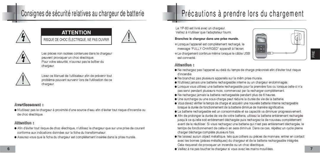 Samsung YP60V1/ELS manual Pour votre sécurité, nouvrez pas le boîtier du chargeur, Chargeur 