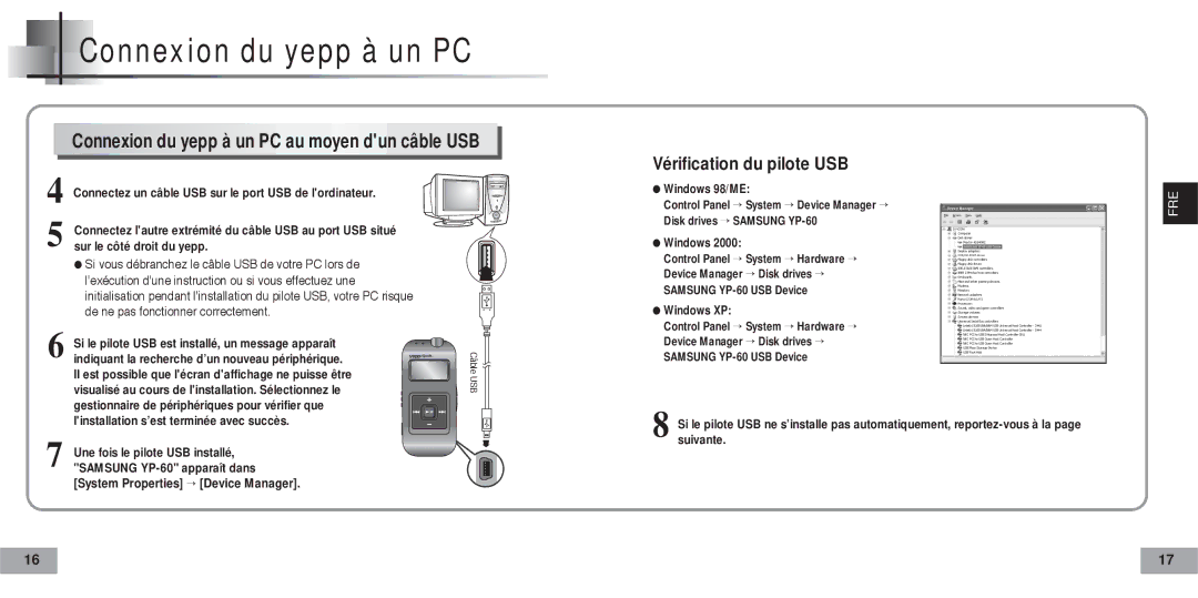 Samsung YP60V1/ELS manual Connexion du yepp à un PC au moyen dun câble USB 