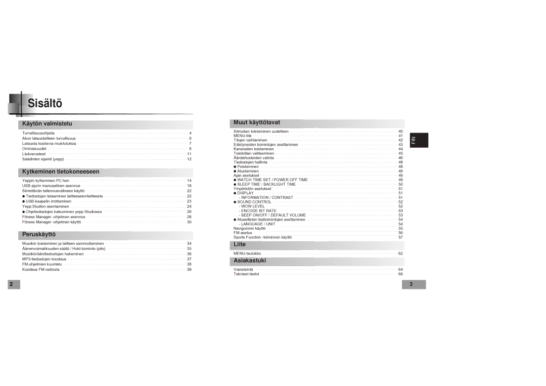 Samsung YP60V1/ELS manual Sisältö, Käytön valmistelu 