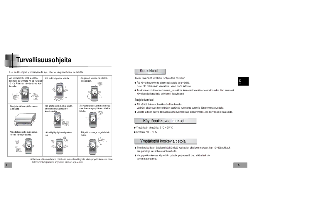 Samsung YP60V1/ELS manual Turvallisuusohjeita, Kuulokkeet, Käyttöpaikkavaatimukset, Ympäristöä koskevia tietoja 