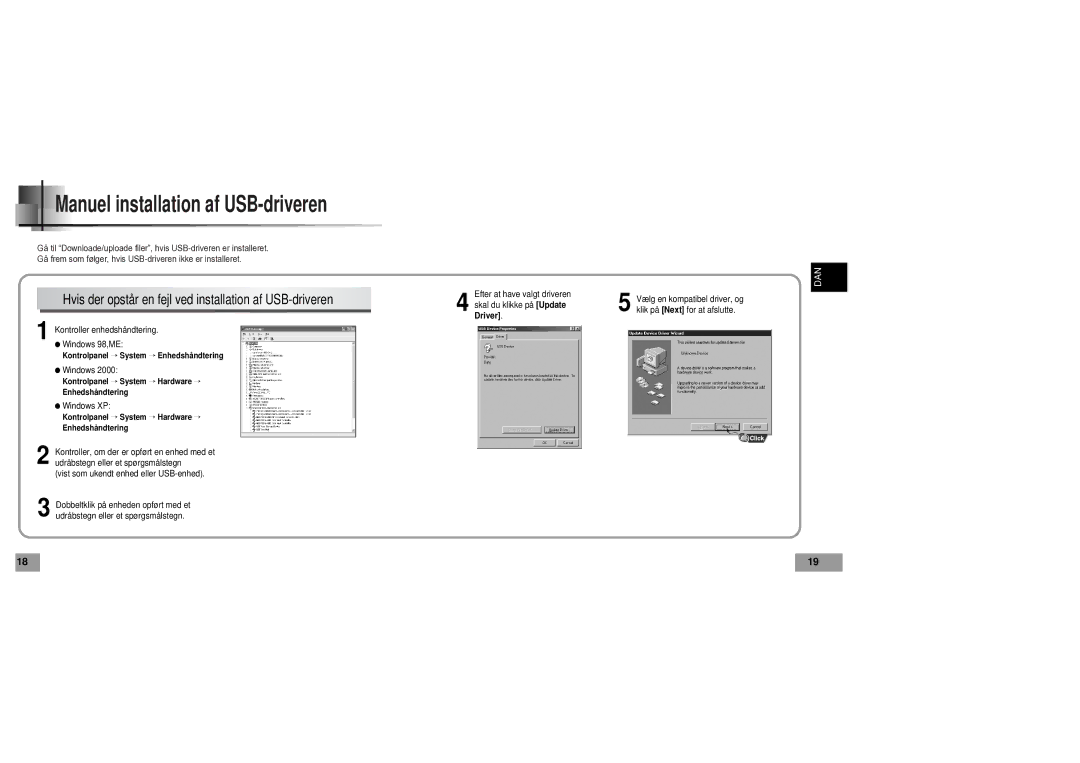 Samsung YP60V1/ELS manual Manuel installation af USB-driveren 