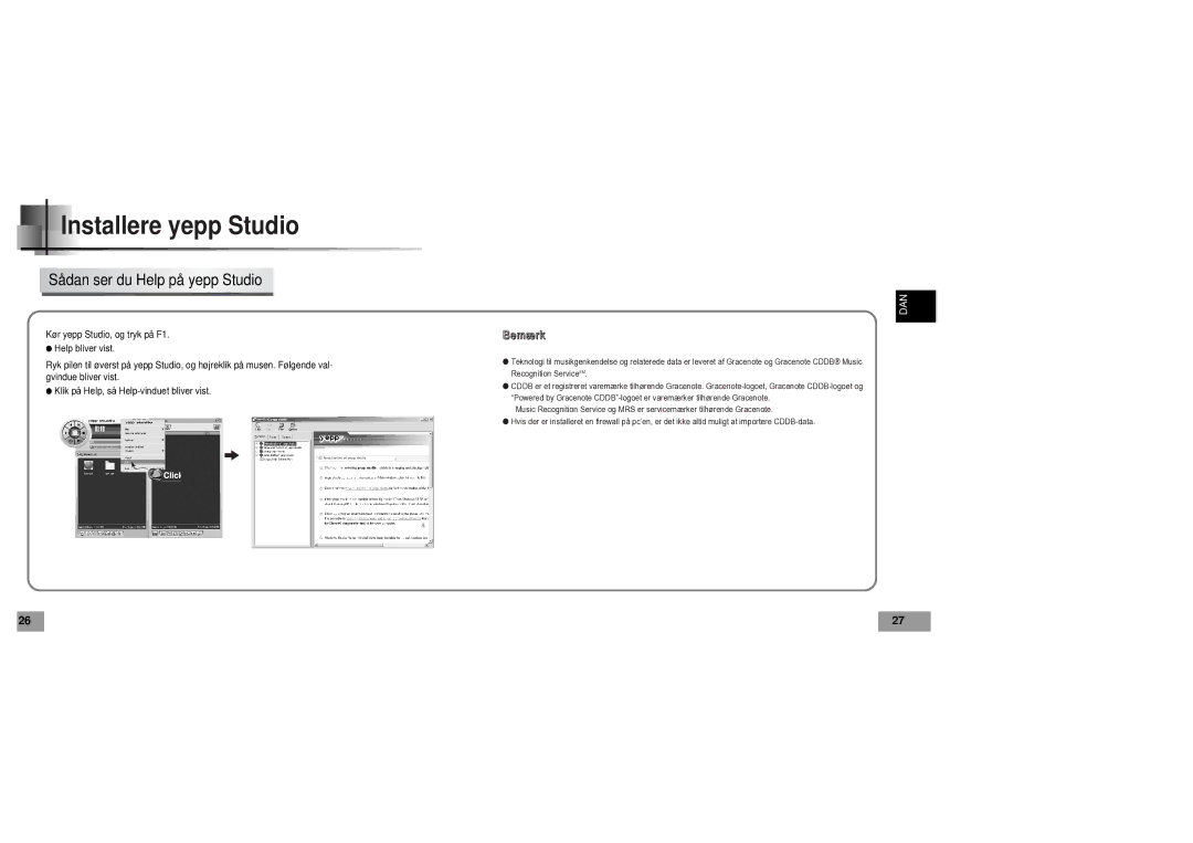 Samsung YP60V1/ELS manual Sådan ser du Help på yepp Studio, Bemærk 