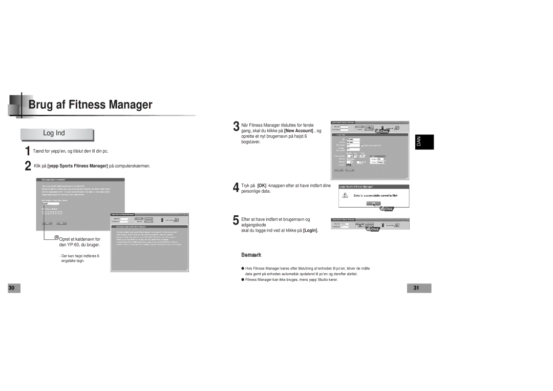 Samsung YP60V1/ELS manual Brug af Fitness Manager, Log Ind 