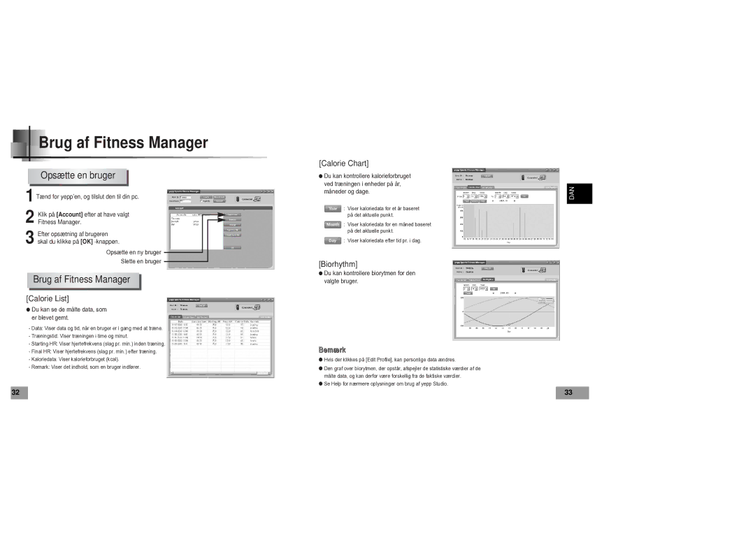 Samsung YP60V1/ELS manual Opsætte en bruger, Brug af Fitness Manager 