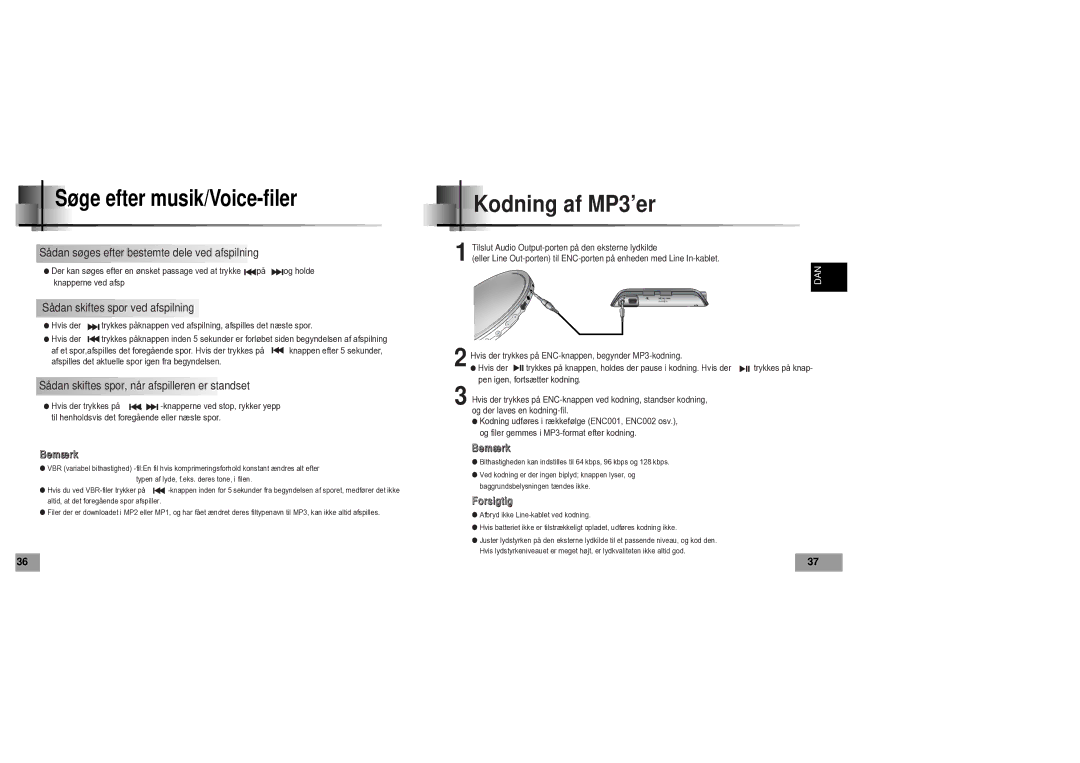 Samsung YP60V1/ELS manual Kodning af MP3’er, Søge efter musik/Voice-filer 