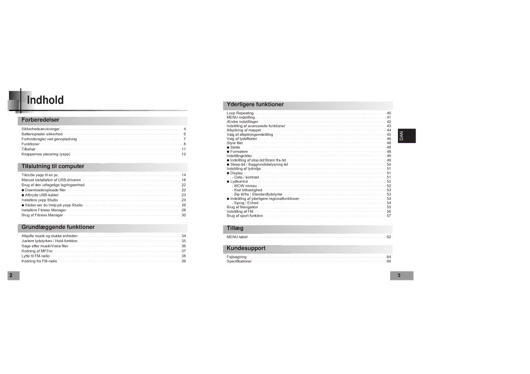 Samsung YP60V1/ELS manual Indhold, Forberedelser 