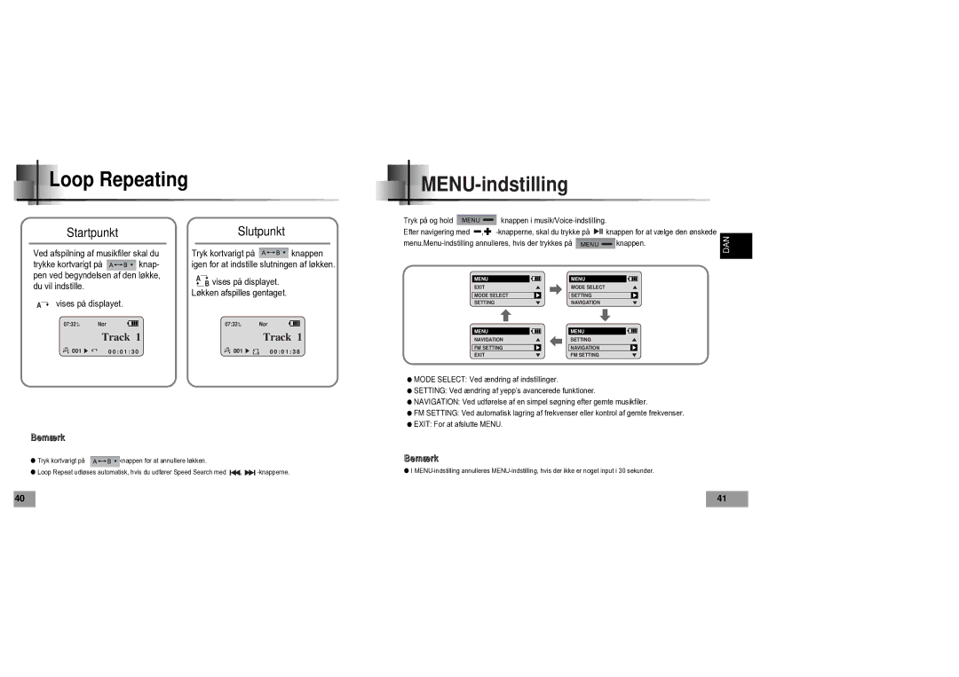 Samsung YP60V1/ELS manual Loop Repeating, MENU-indstilling, StartpunktSlutpunkt 