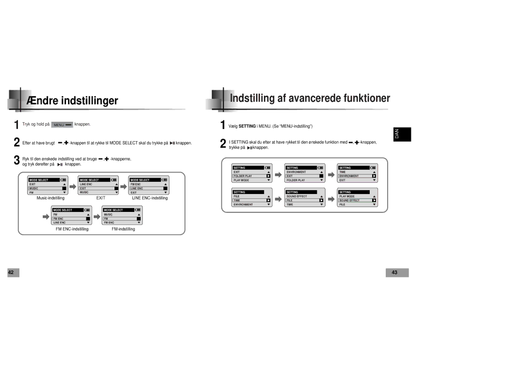 Samsung YP60V1/ELS manual Ændre indstillinger, Tryk og hold på knappen 