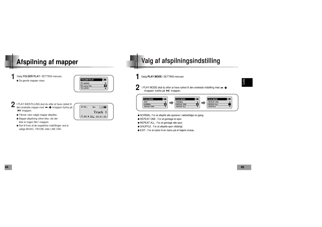 Samsung YP60V1/ELS manual Afspilning af mapper, Valg af afspilningsindstilling 