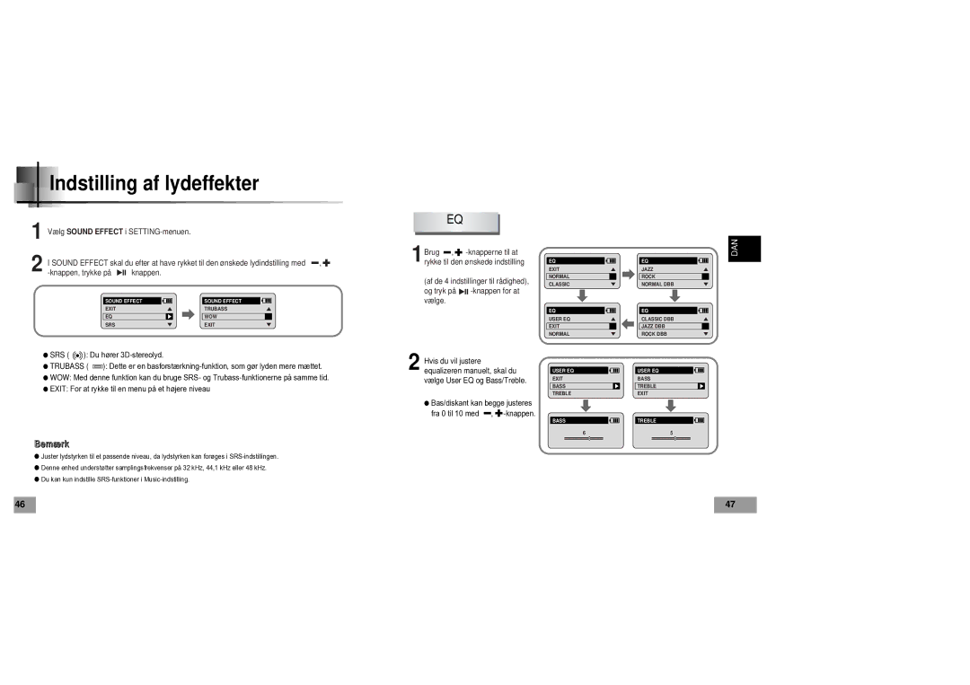 Samsung YP60V1/ELS manual Indstilling af lydeffekter 