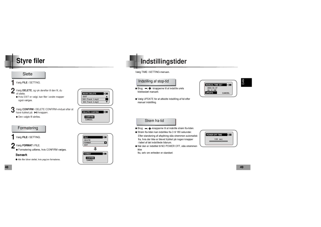 Samsung YP60V1/ELS manual Indstillingstider, Formatering 