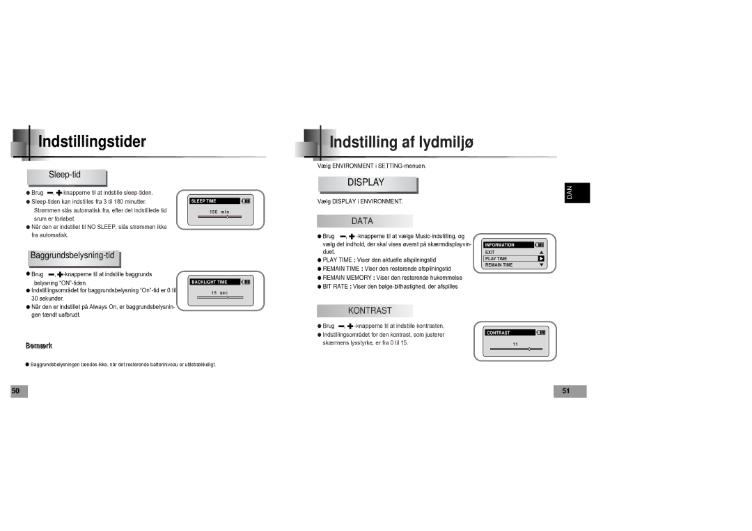 Samsung YP60V1/ELS manual Indstillingstider, Indstilling af lydmiljø 