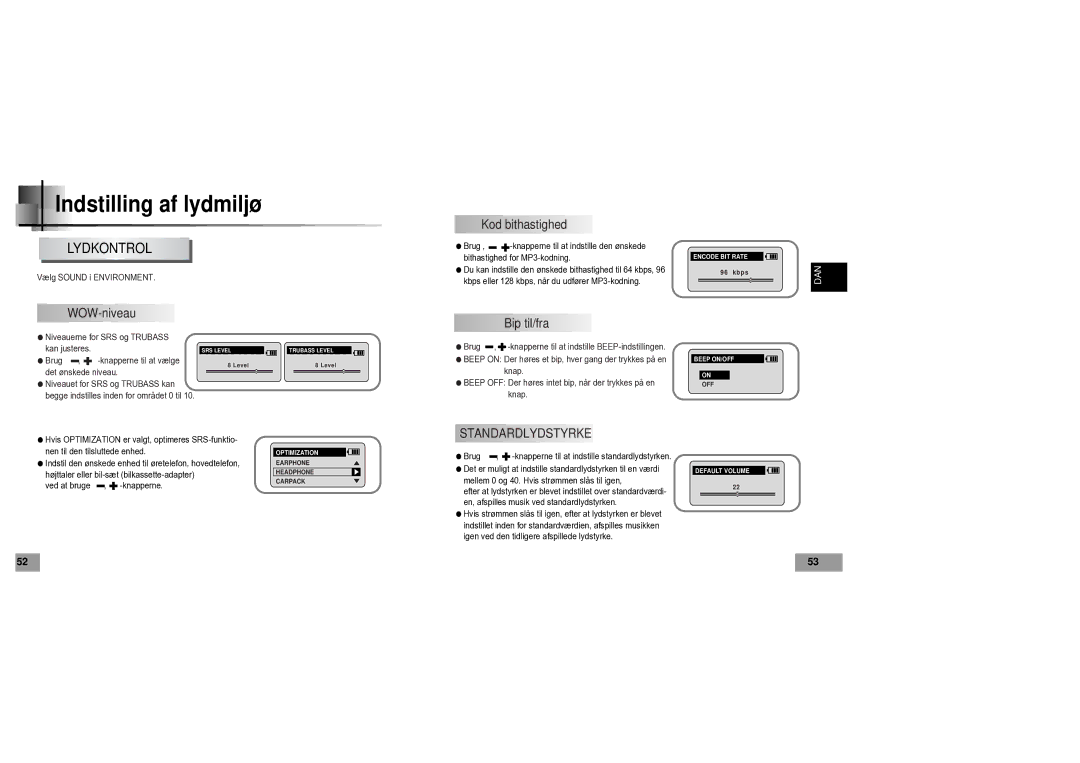 Samsung YP60V1/ELS manual Indstilling af lydmiljø, Lydkontrol 