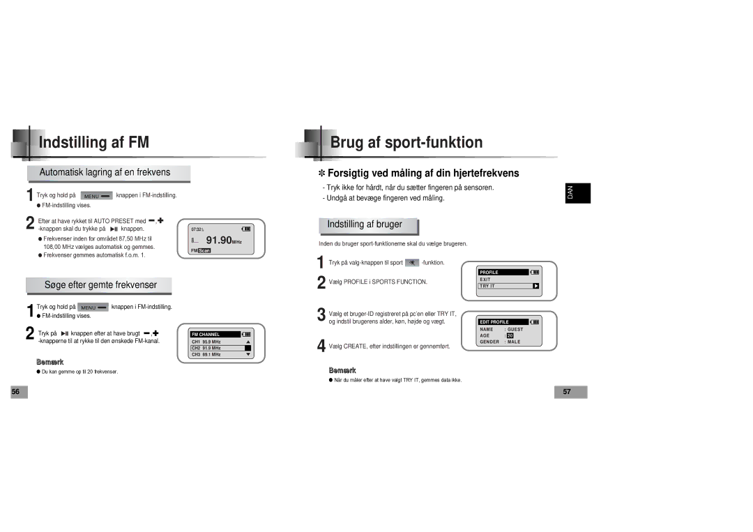 Samsung YP60V1/ELS Indstilling af FM, Brug af sport-funktion, Automatisk lagring af en frekvens, Indstilling af bruger 