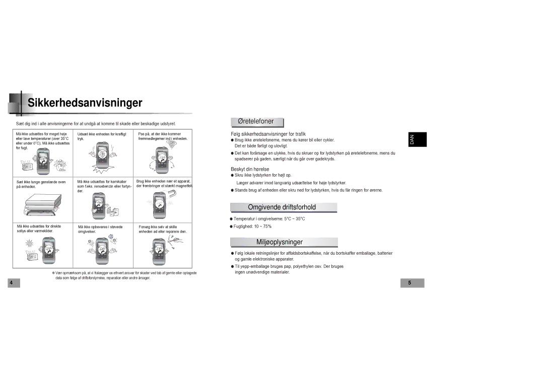 Samsung YP60V1/ELS manual Sikkerhedsanvisninger, Øretelefoner, Omgivende driftsforhold, Miljøoplysninger 