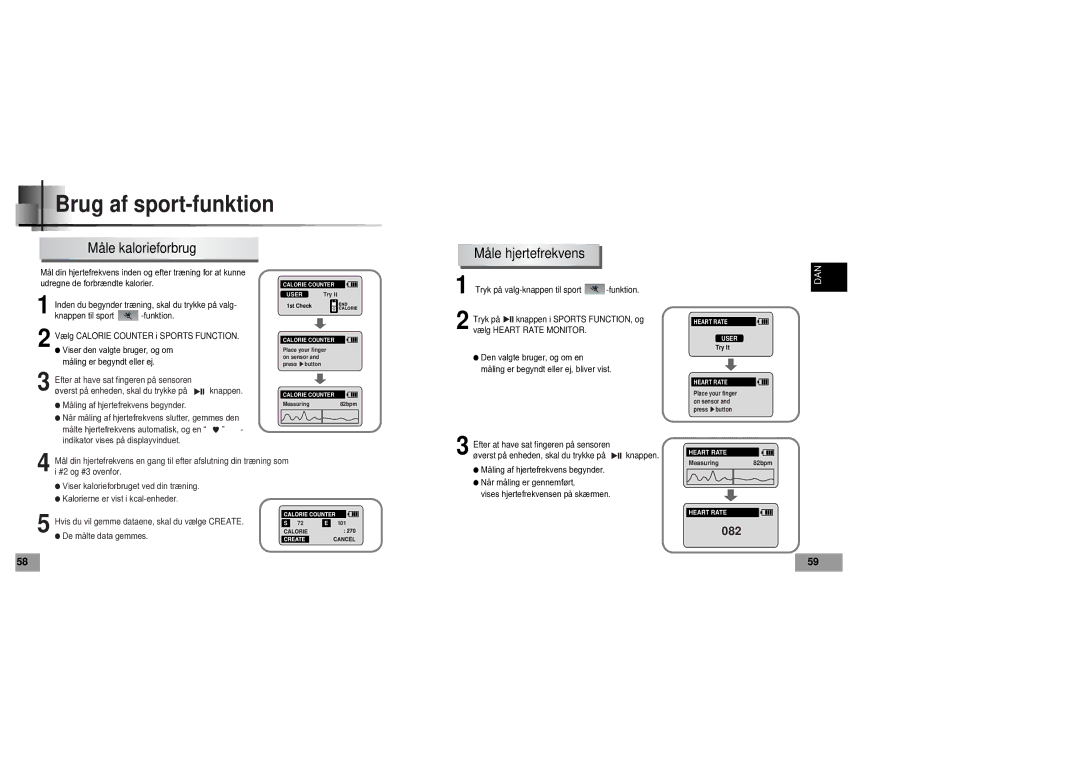 Samsung YP60V1/ELS manual Måle kalorieforbrug, Måle hjertefrekvens 