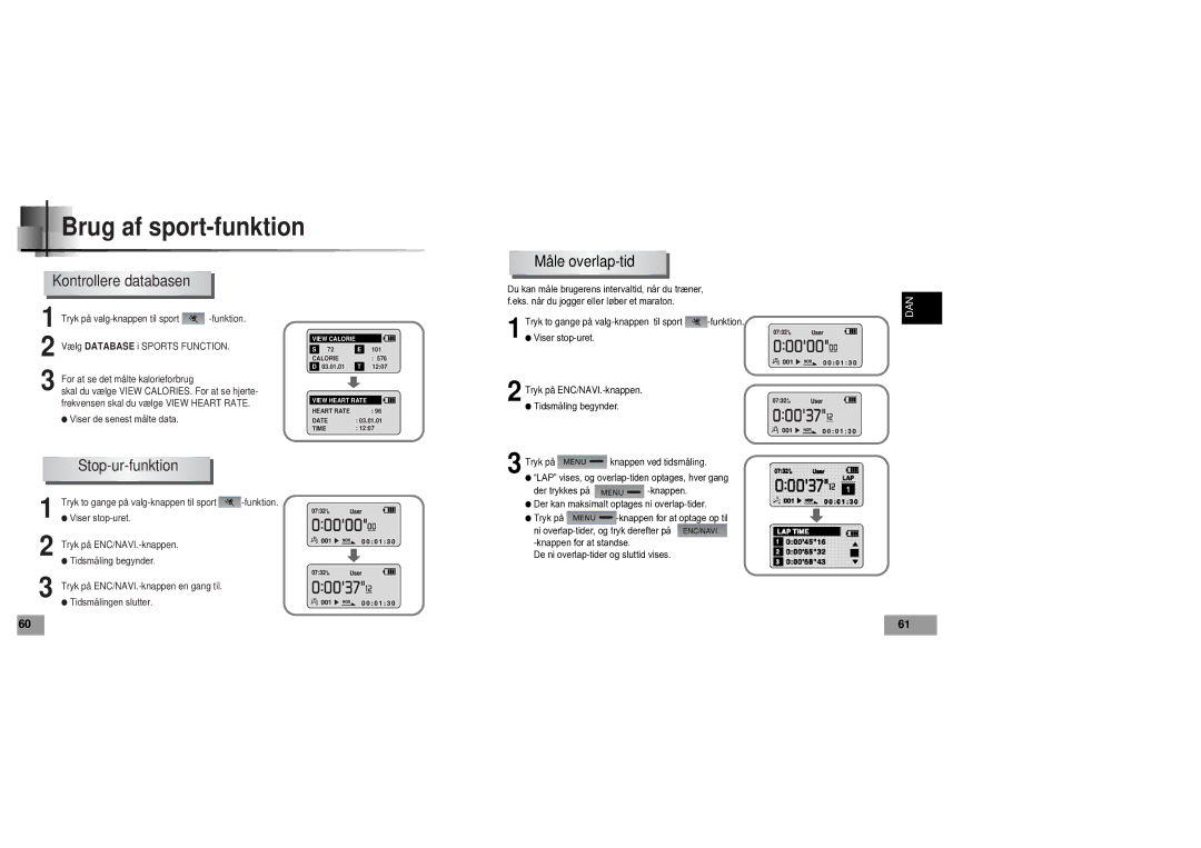 Samsung YP60V1/ELS manual Kontrollere databasen, Stop-ur-funktion, Måle overlap-tid 