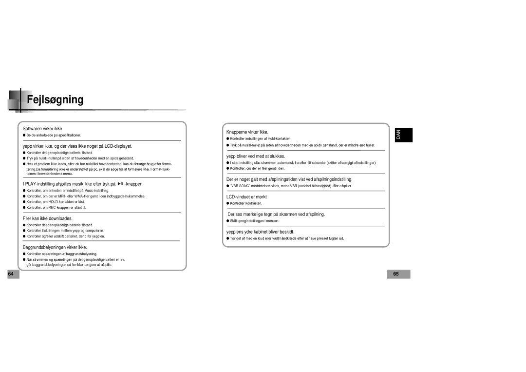 Samsung YP60V1/ELS manual Fejlsøgning, Yepp virker ikke, og der vises ikke noget på LCD-displayet 