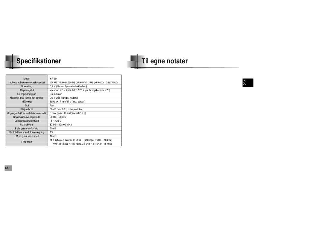 Samsung YP60V1/ELS manual Specifikationer, Til egne notater 