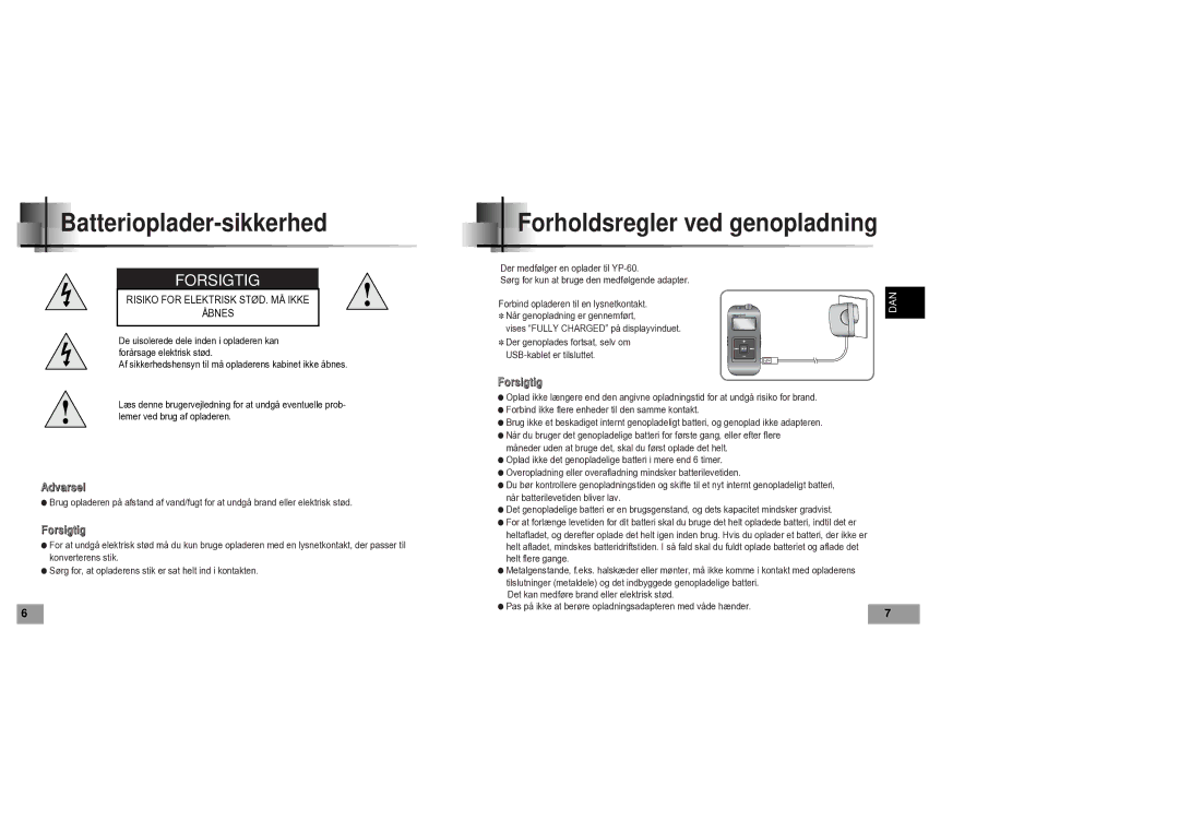 Samsung YP60V1/ELS manual Batterioplader-sikkerhed, Forholdsregler ved genopladning 