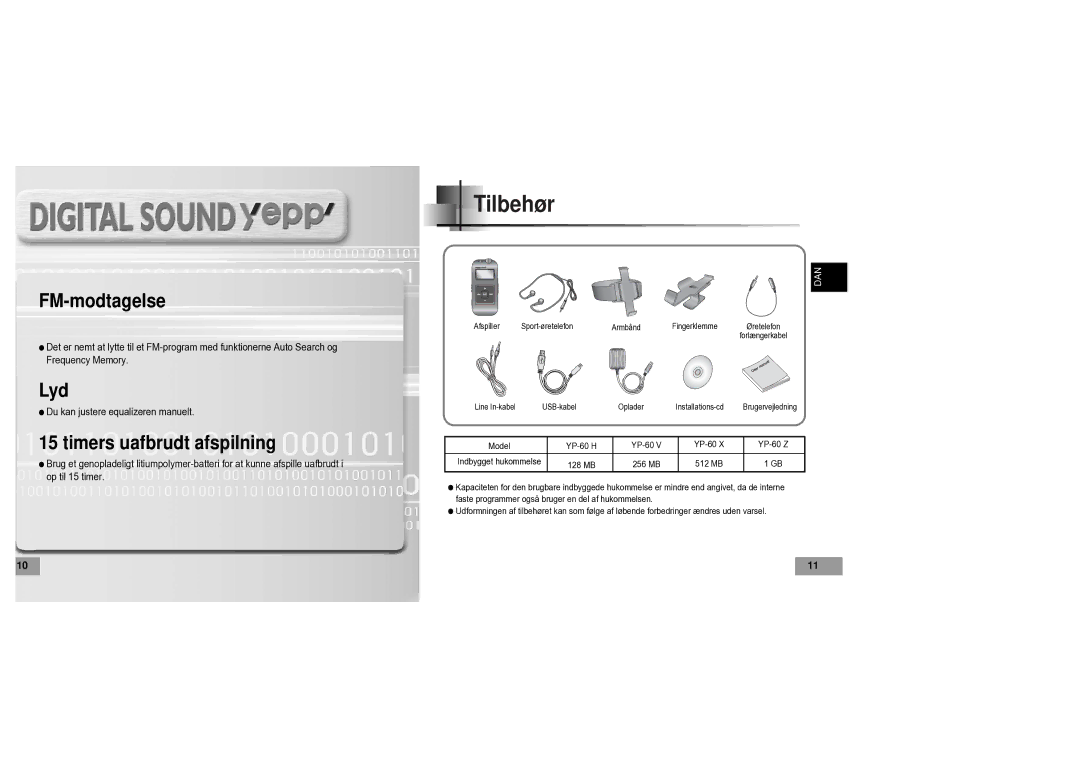 Samsung YP60V1/ELS manual Tilbehør, Timers uafbrudt afspilning 