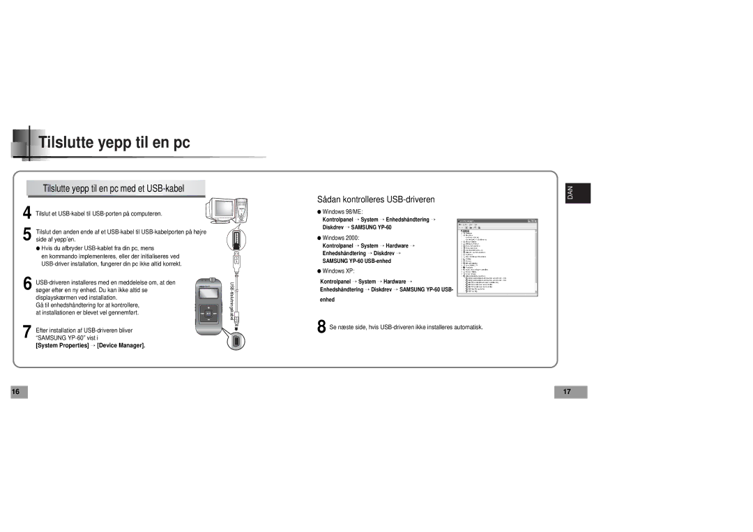 Samsung YP60V1/ELS manual Tilslutte yepp til en pc med et USB-kabel 