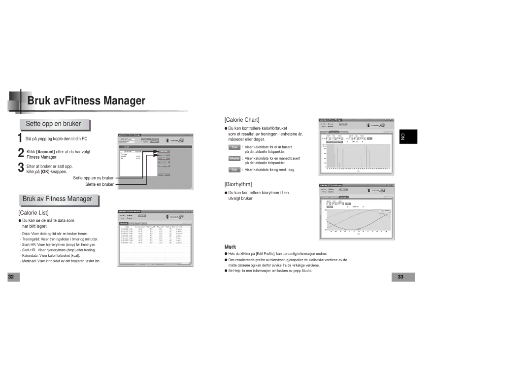 Samsung YP60V1/ELS manual Sette opp en bruker, Bruk av Fitness Manager 