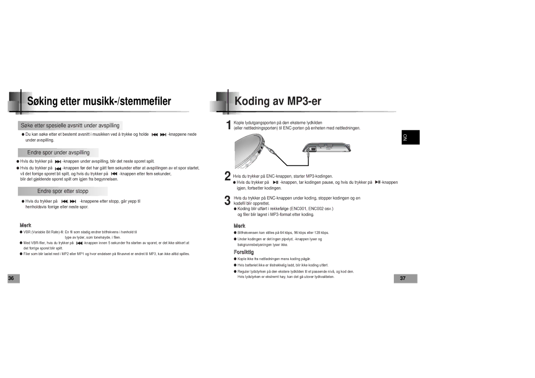 Samsung YP60V1/ELS manual Koding av MP3-er, Søking etter musikk-/stemmefiler 