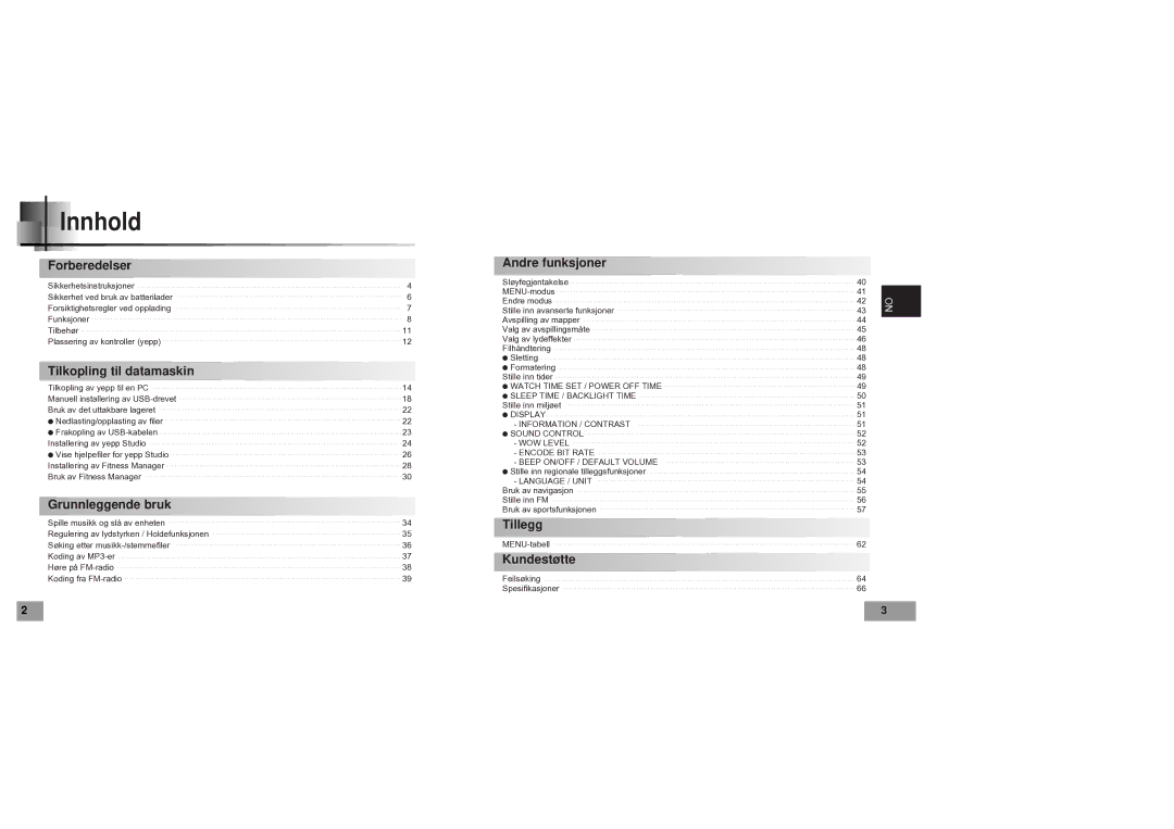 Samsung YP60V1/ELS manual Innhold, Forberedelser 