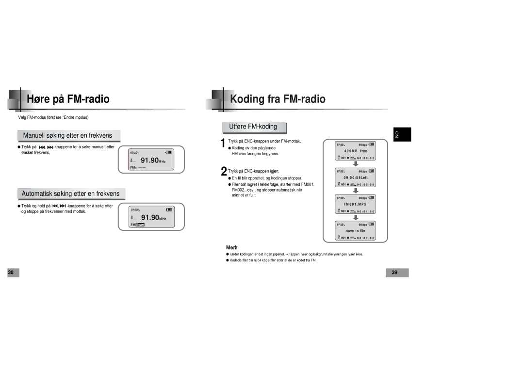 Samsung YP60V1/ELS manual Høre på FM-radio, Koding fra FM-radio, Manuell søking etter en frekvens, Utføre FM-koding 