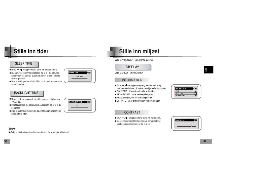 Samsung YP60V1/ELS manual Stille inn tider, Stille inn miljøet 