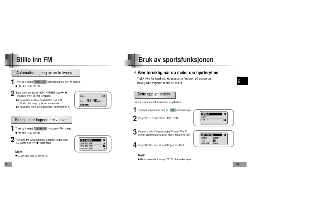 Samsung YP60V1/ELS manual Stille inn FM, Bruk av sportsfunksjonen, Automatisk lagring av en frekvens, Sette opp en bruker 