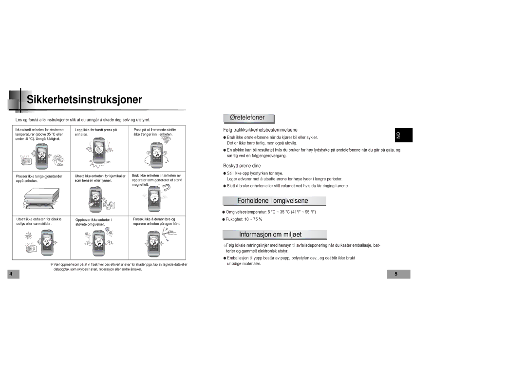 Samsung YP60V1/ELS manual Sikkerhetsinstruksjoner, Øretelefoner, Forholdene i omgivelsene, Informasjon om miljøet 