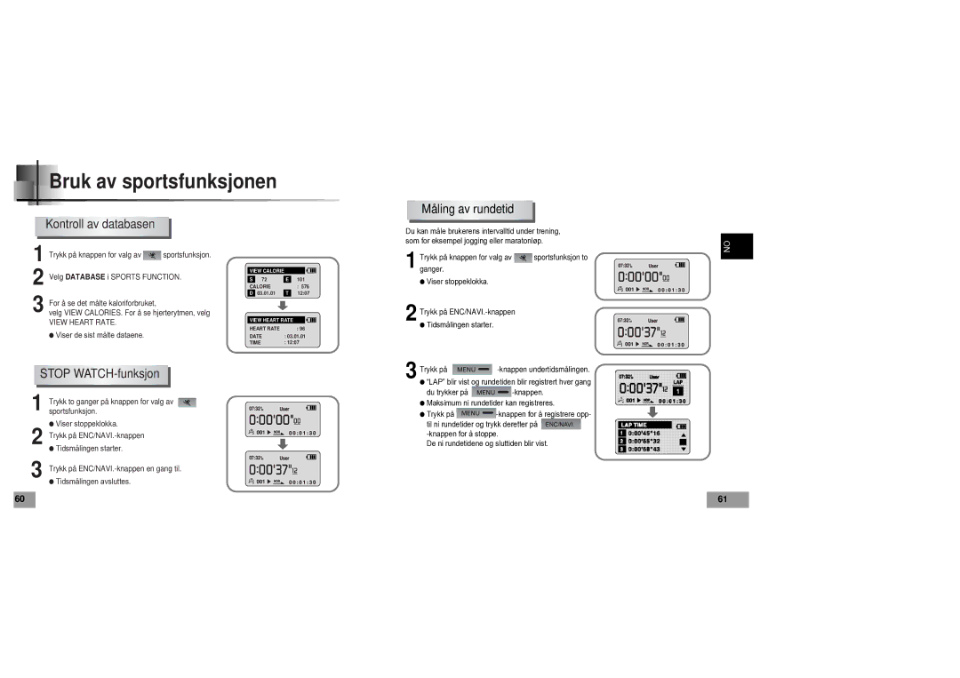 Samsung YP60V1/ELS manual Måling av rundetid, Kontroll av databasen, Stop WATCH-funksjon 