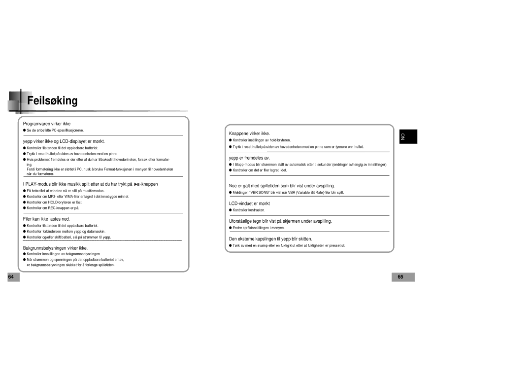 Samsung YP60V1/ELS manual Feilsøking, Yepp virker ikke og LCD-displayet er mørkt 