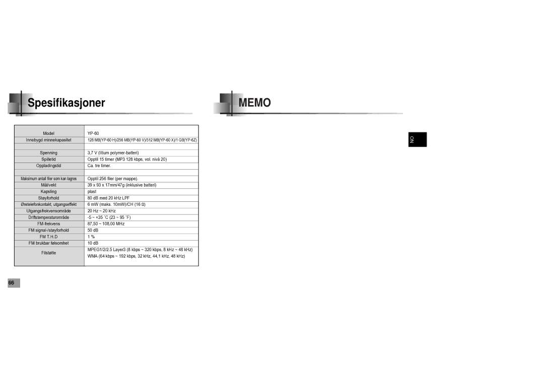 Samsung YP60V1/ELS manual Spesifikasjoner, Fm T.H.D 