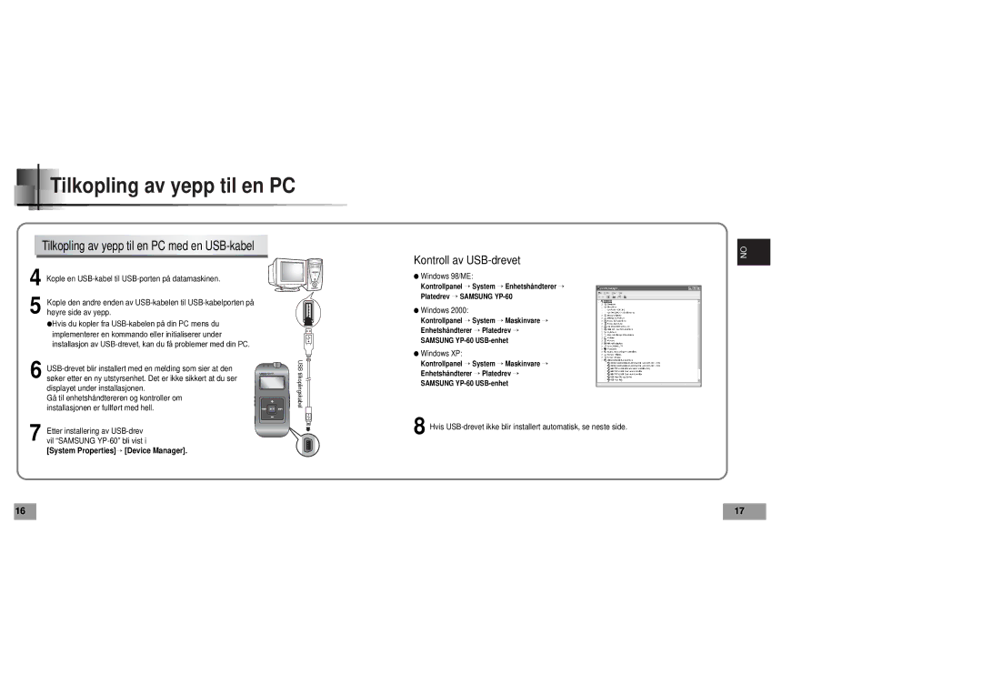 Samsung YP60V1/ELS manual Tilkopling av yepp til en PC med en USB-kabel 